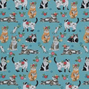 Novelty Cotton Fabric Cat and Mouse on Blue