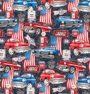 Fabric Traditions Car Travel Americana on Black Novelty Cotton Fabric