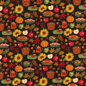 Fall Foods on Black Cotton Fabric