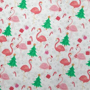 Flamingos   Trees on White Christmas Cotton Fabric