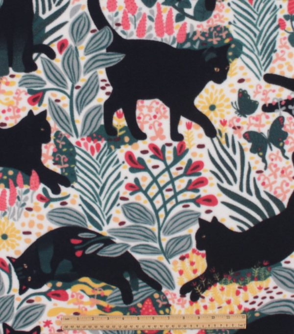 Black Cat on Floral Anti Pill Plush Fleece Fabric - Image 2