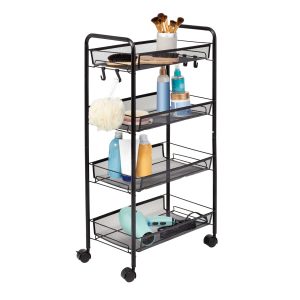 Honey Can Do 17.5 x 33 Black 4 Tier Metal Storage Cart With 5 Hooks - 1