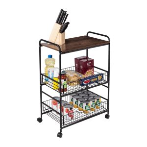 Honey Can Do 34 Black   Walnut 3 Tier Cart With Wood Shelf   Baskets - 1