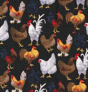 Fabric Traditions Farm Chickens On Black Novelty Cotton Fabric