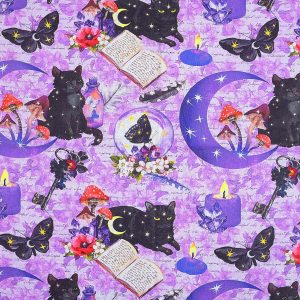Mystical Black Cats on Purple Novelty Cotton Fabric