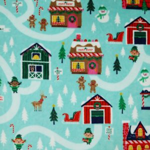 North Pole Village on Blue Sew Lush Fleece Fabric by POP!