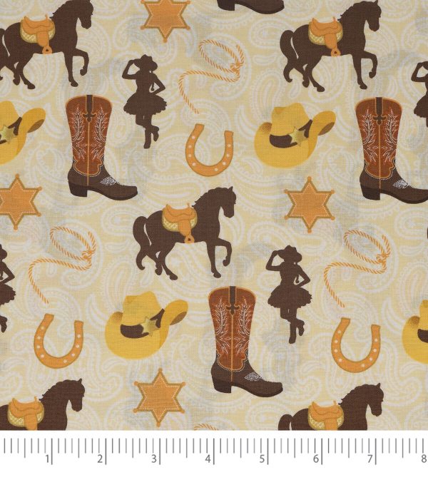 Western Cowgirl on Brown Novelty Cotton Fabric - Image 3