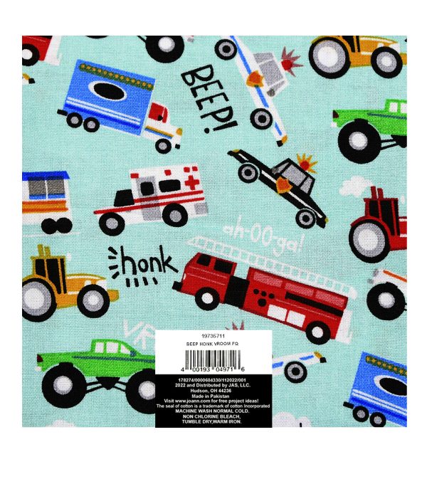 18 x 21 Beep Honk Vroom on Blue Novelty Cotton Fabric Quarter 1pc - Image 2