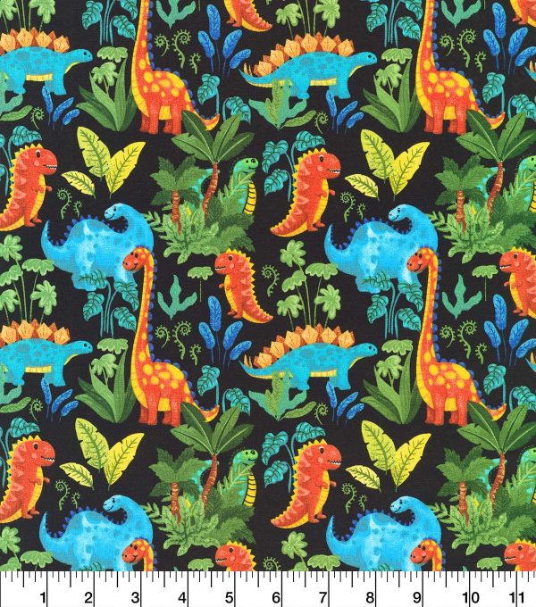 Dinosaurs on Black Novelty Cotton Fabric - Image 2