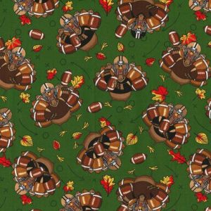 Fall Football Turkeys on Green Cotton Fabric