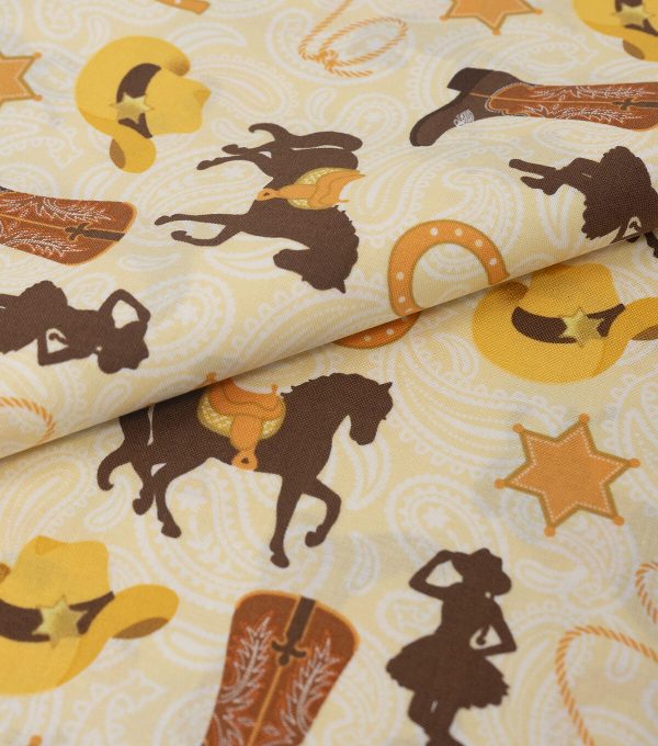Western Cowgirl on Brown Novelty Cotton Fabric - Image 2
